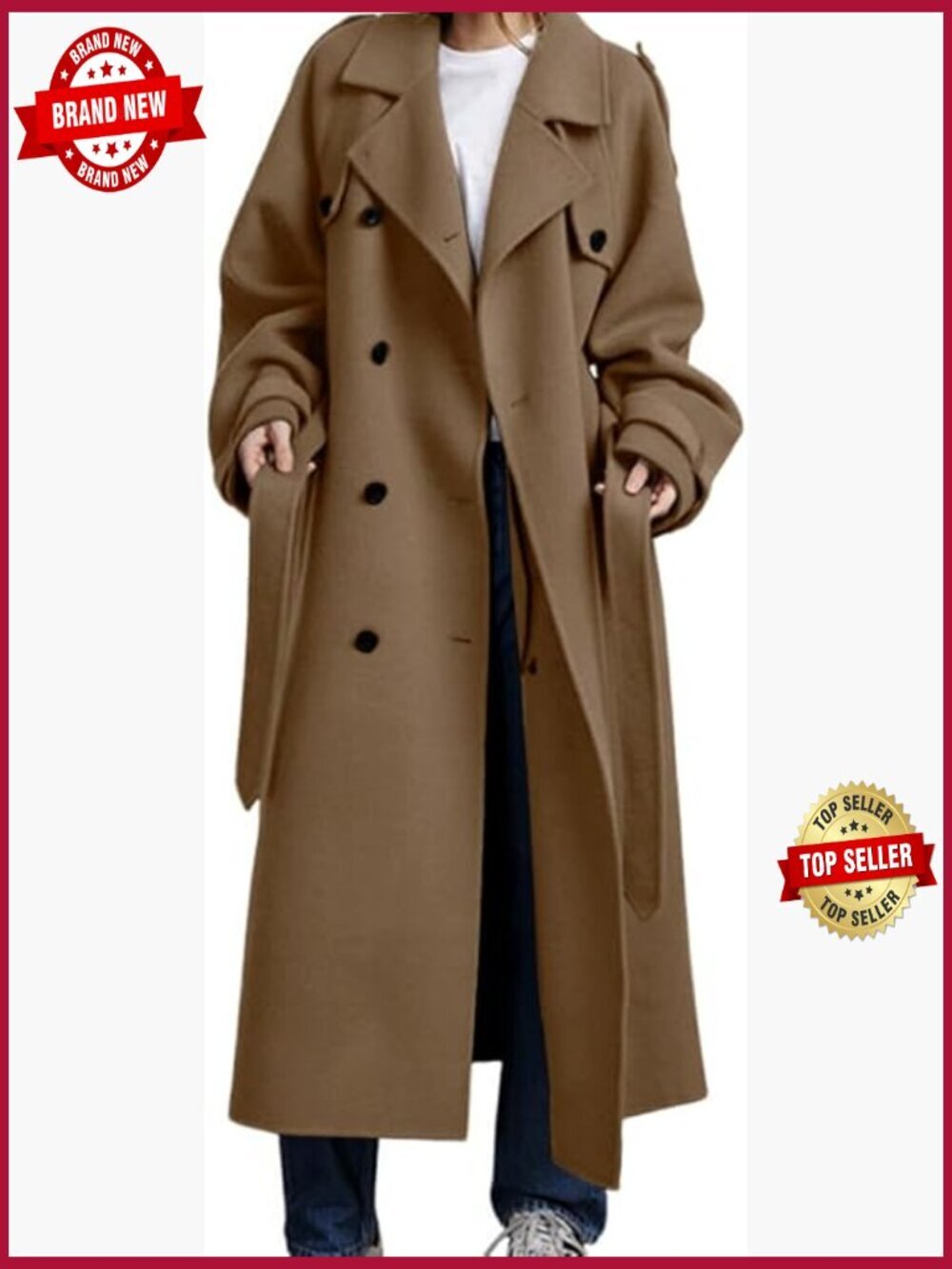Double Breasted Wool Coat Midi Long Trench with Belt